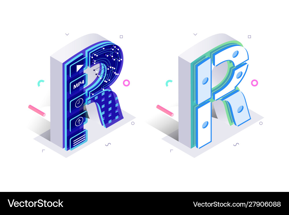 Blue 3d isometric letter r made with cellular vector image