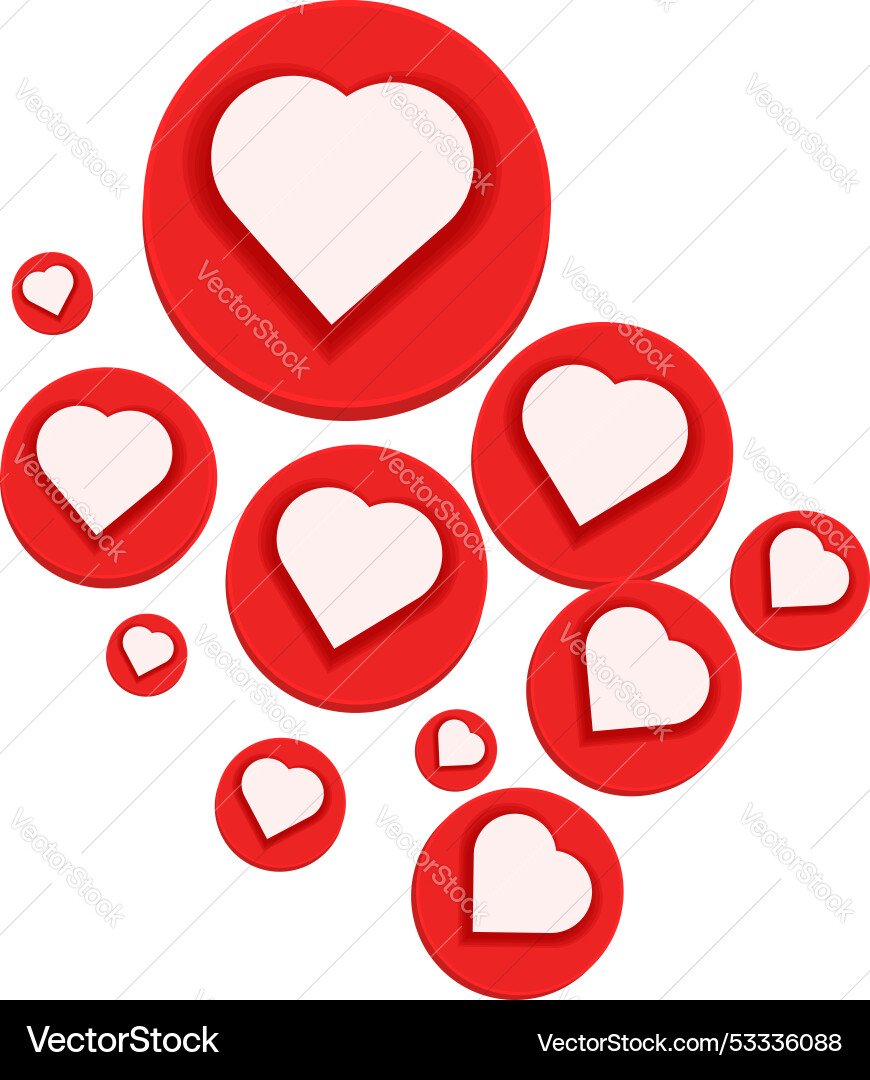Red round like buttons floating with white hearts Red round like buttons floating with white hearts vector image