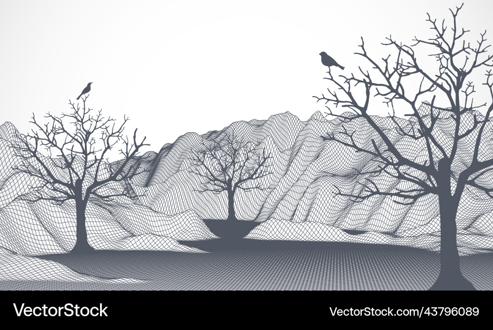Abstract wireframe mountains with a tree Abstract wireframe mountains with a tree vector image