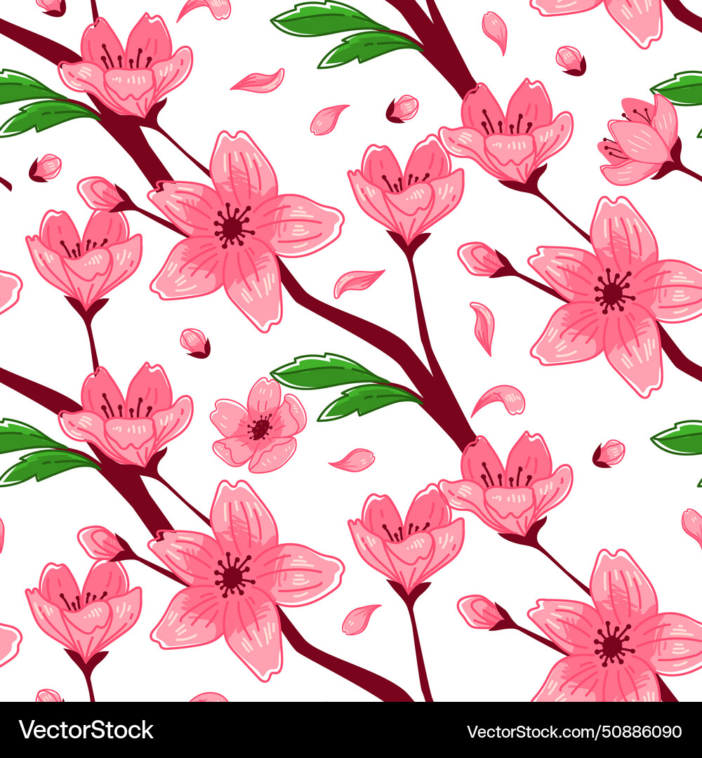 Cherry blossoms seamless dark pattern Royalty Free Vector