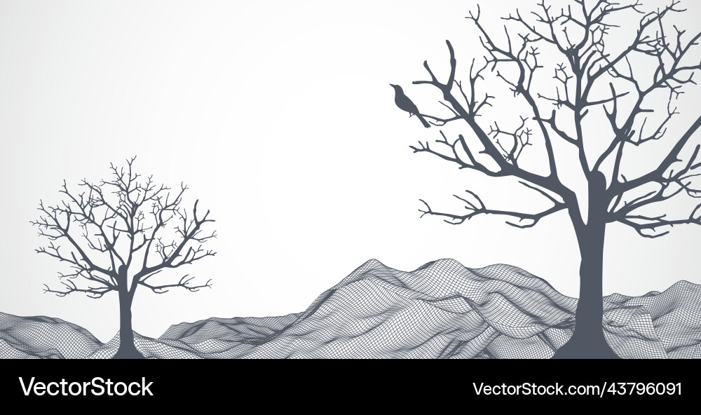 Abstract wireframe mountains with a tree vector image