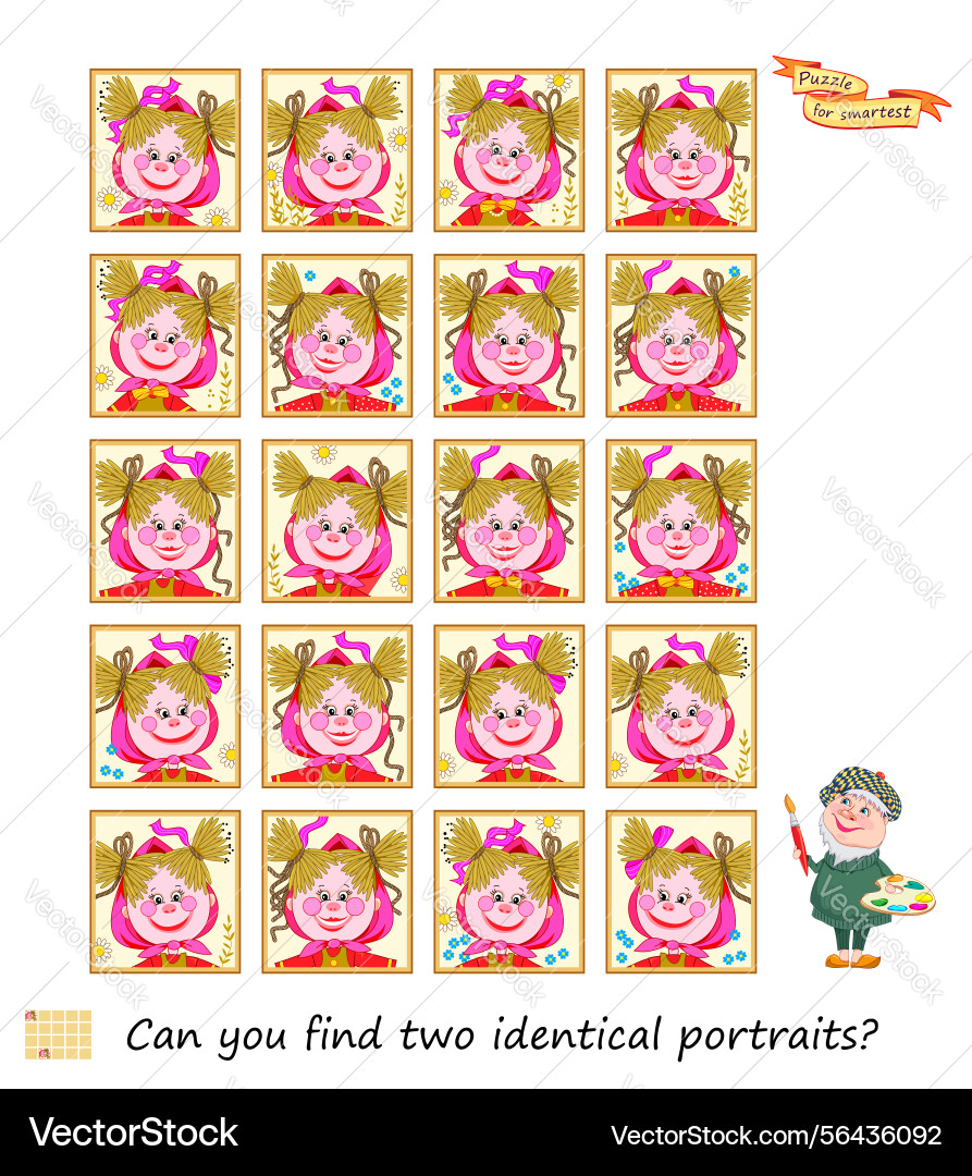 Can you find two identical portraits logic puzzle Can you find two identical portraits logic puzzle vector image