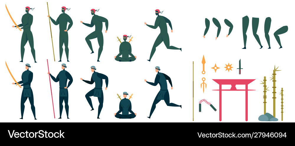Ninja characters action animation creation set Ninja characters action animation creation set vector image