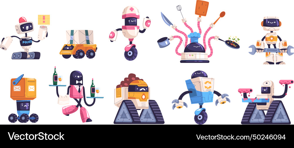 Retro bots futuristic robot work characters Retro bots futuristic robot work characters Vector Image