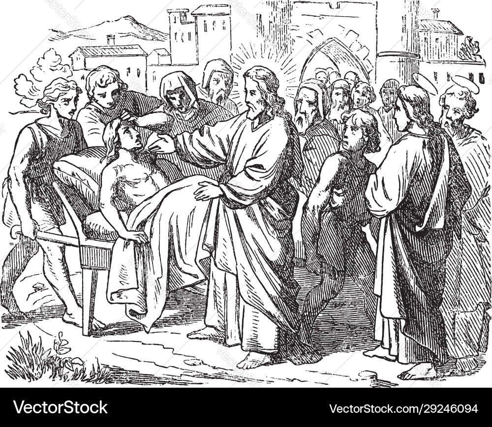 Vintage drawing biblical story jesus raises Vintage drawing biblical story jesus raises vector image