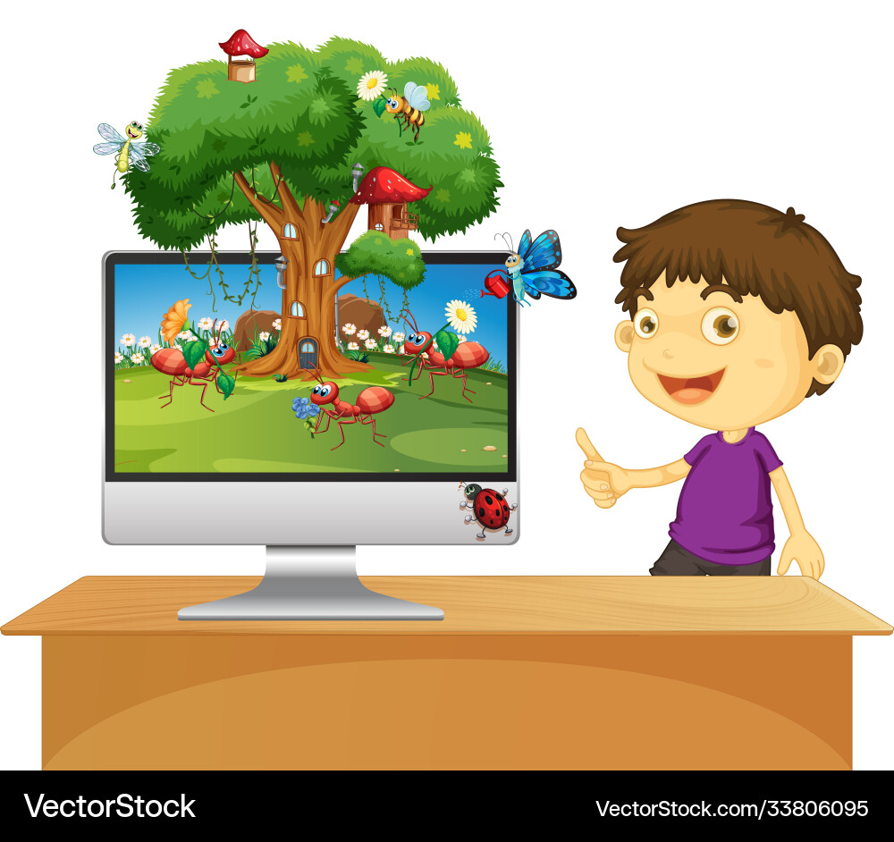 Insect kingdom on computer screen background Insect kingdom on computer screen background vector image