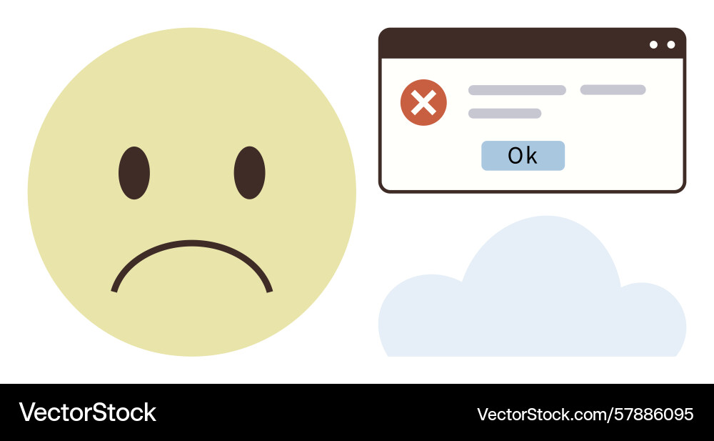 Sad face emoticon and error message window Sad face emoticon and error message window vector image