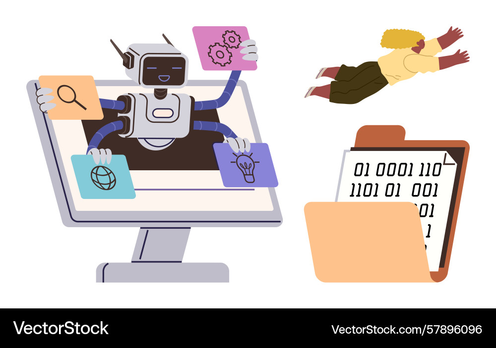 Robotic ai multitasking on a screen with digital Robotic ai multitasking on a screen with digital vector image