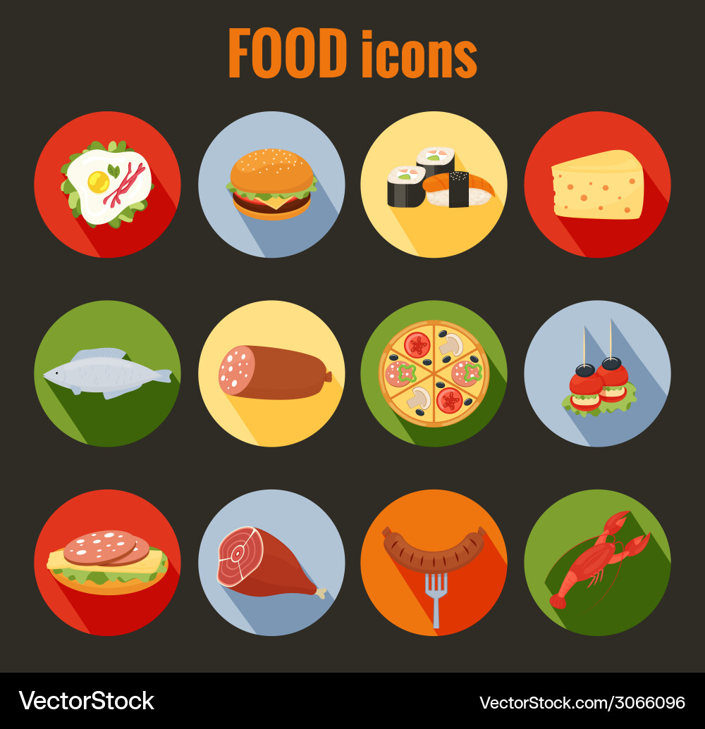 Set of food icons on colorful round buttons Vector Image