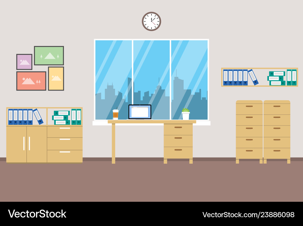 Büroraum mit großer Fenster- und Stadtlandschaft Büroraum mit großer Fenster- und Stadtlandschaft vektorbild