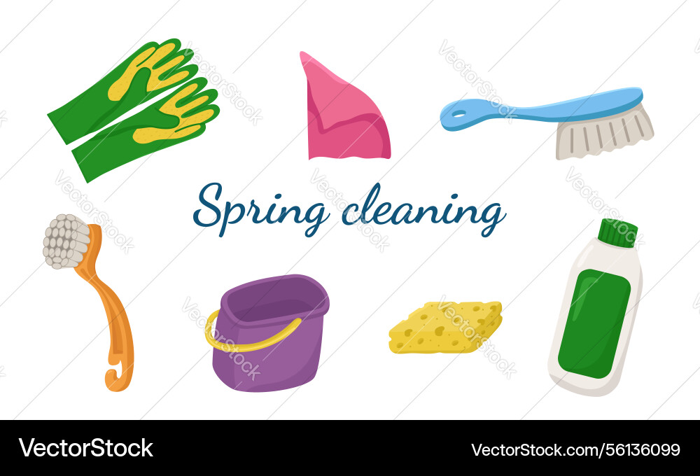 Set of spring cleaning items with text Vector Image
