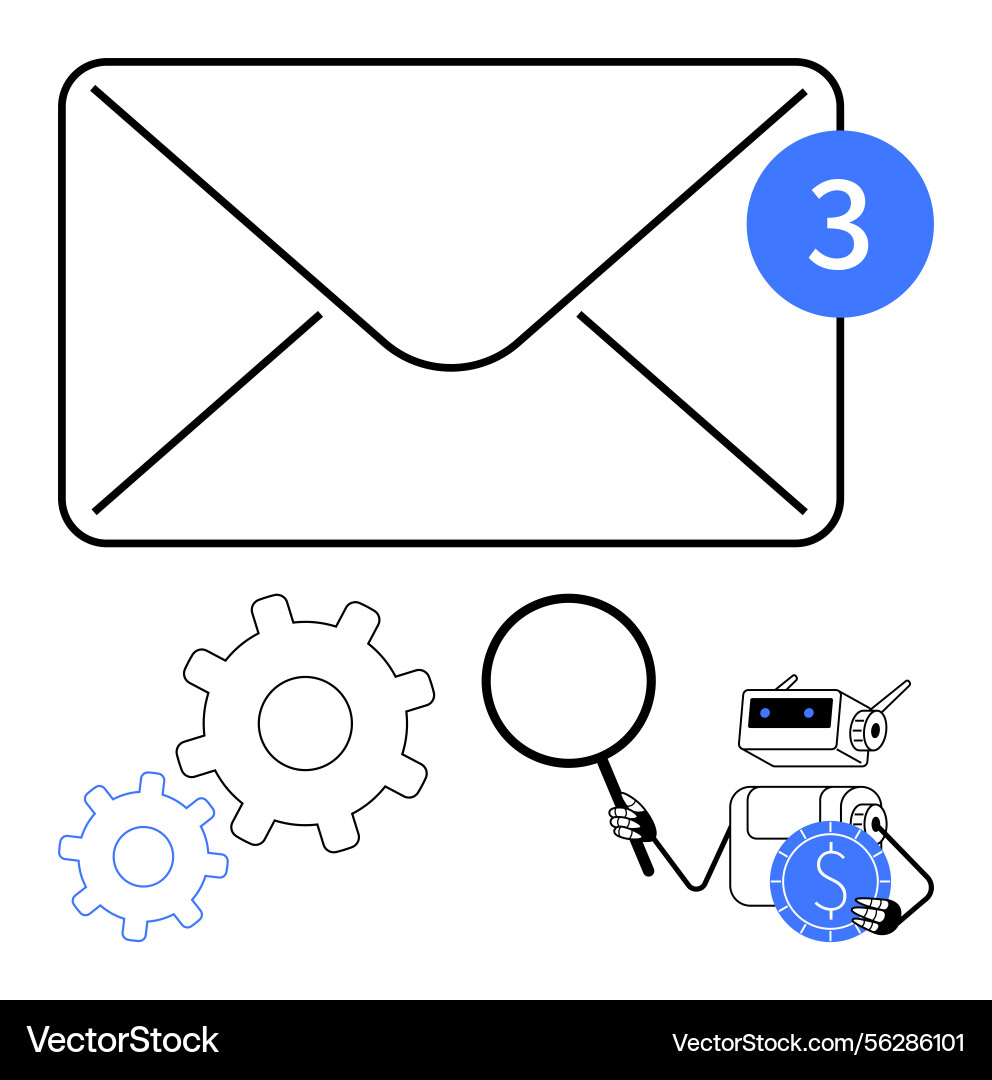 Email notification with robot analyzing Email notification with robot analyzing vector image