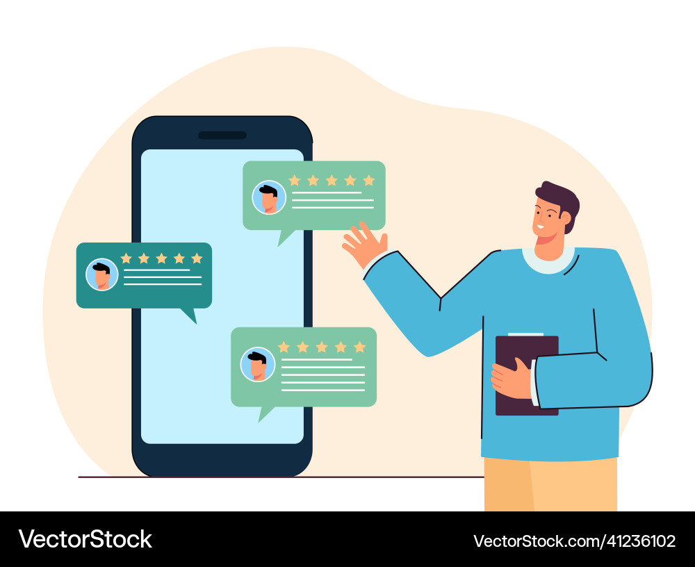 Man with feedback review from clients on screen vector image