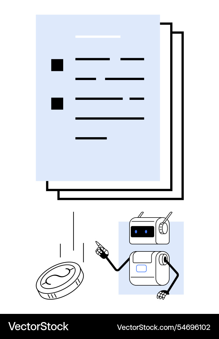 Robot pointing to document and coin in zero Robot pointing to document and coin in zero vector image