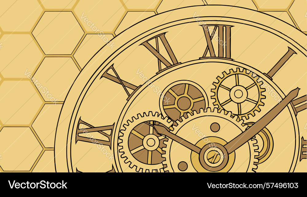 Golden clock mechanism against hexagonal pattern vector image