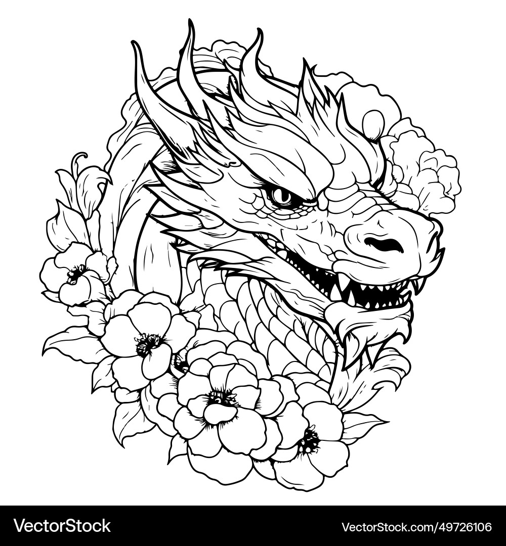 Dragon head in flowers sketch drawn by hand Dragon head in flowers sketch drawn by hand vector image