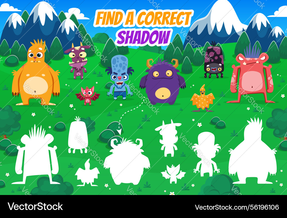 Find a correct shadow of funny monster characters Find a correct shadow of funny monster characters vector image