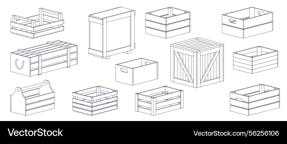 Linear wooden boxes closed and open crate Linear wooden boxes closed and open crate vector image