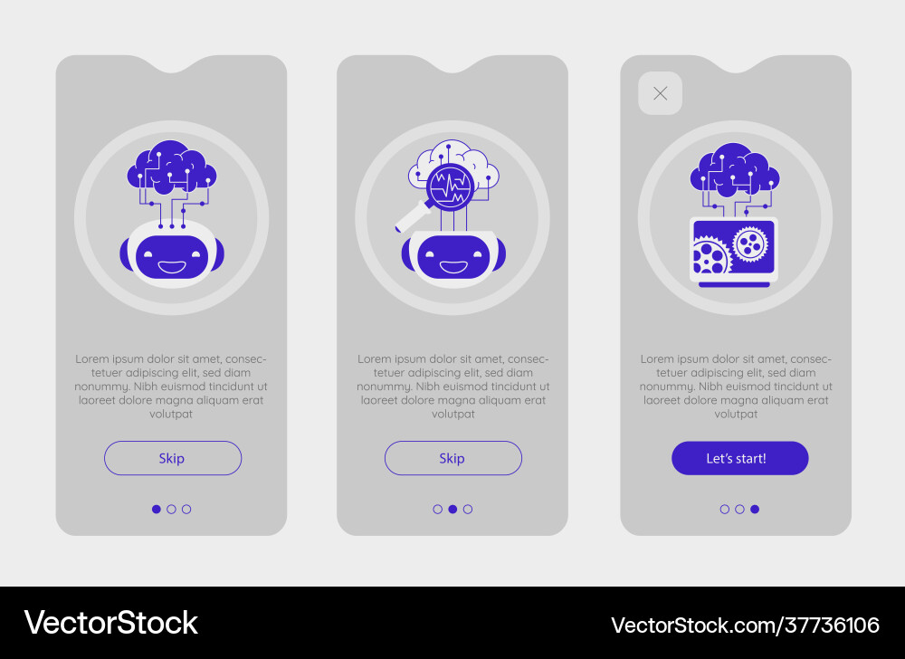 Onboarding app screens with robotic artificial Onboarding app screens with robotic artificial vector image