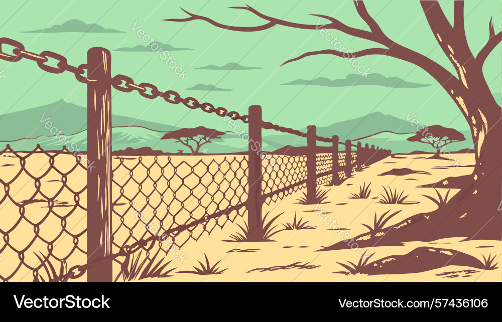 Rustic chain fence with rocky path and distant Vector Image