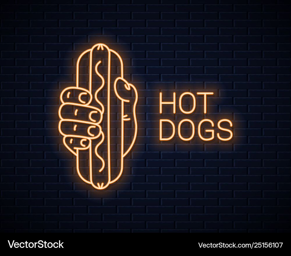 Hand hold hotdog neon banner holding hot dog Hand hold hotdog neon banner holding hot dog vector image