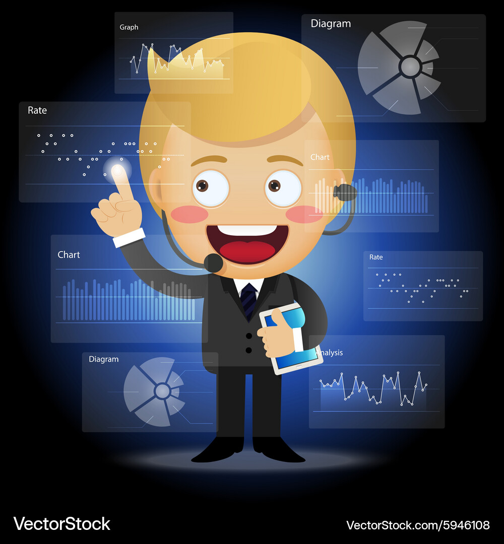 Happy businessman working with data processing Vector Image