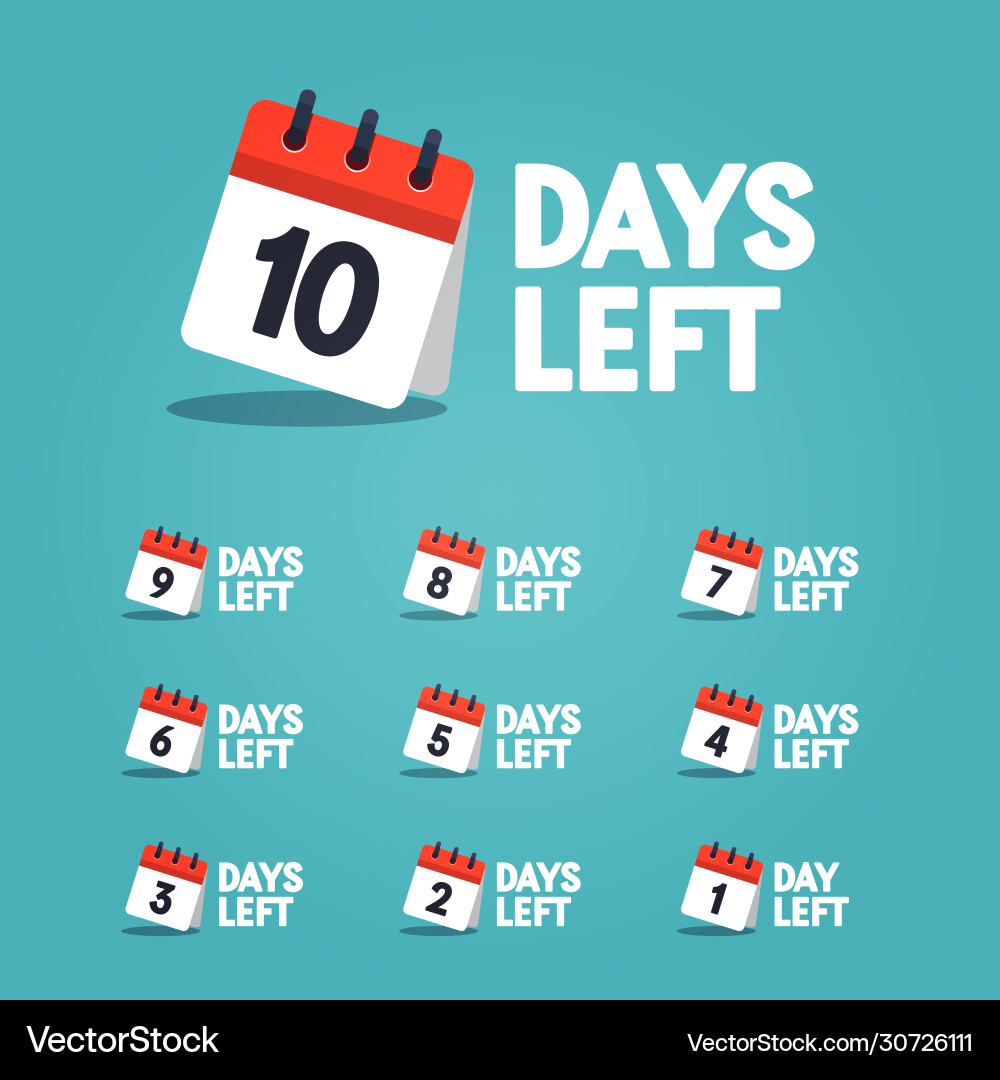 Countdown Timer: Days to 1 with Calendar Icons vector image