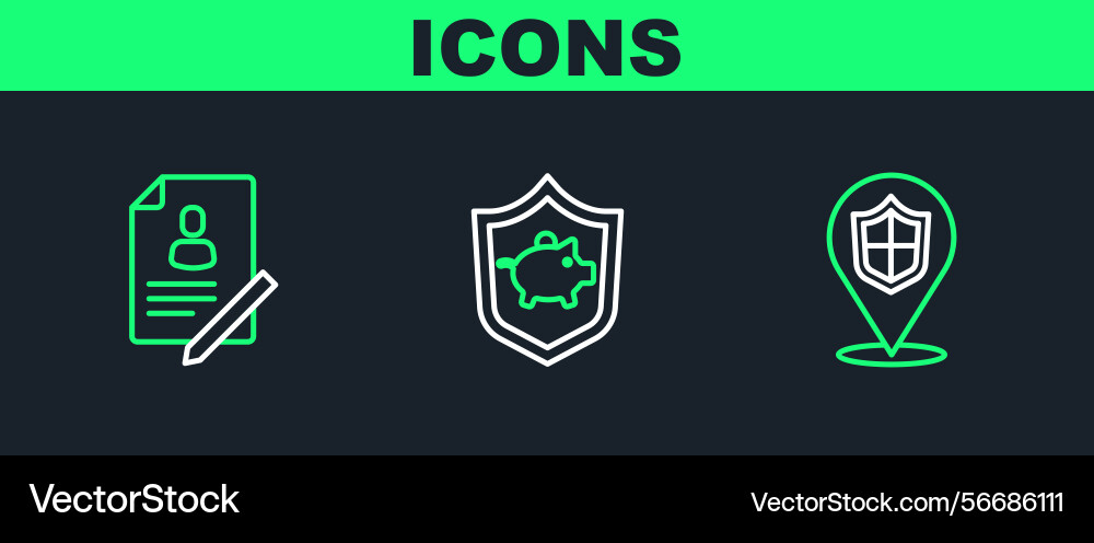 Set line location shield document with and piggy vector image