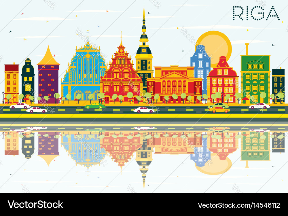 Riga skyline with color buildings blue sky Vector Image