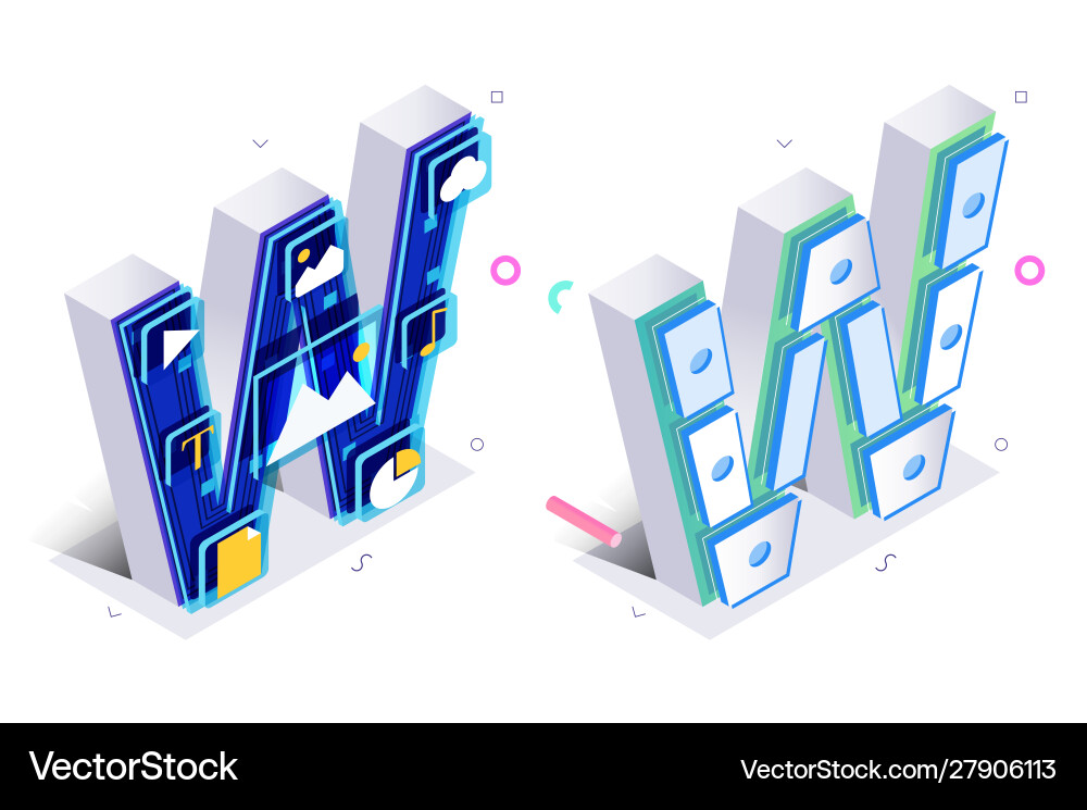 Blue 3d isometric letter w made with virtual Blue 3d isometric letter w made with virtual vector image