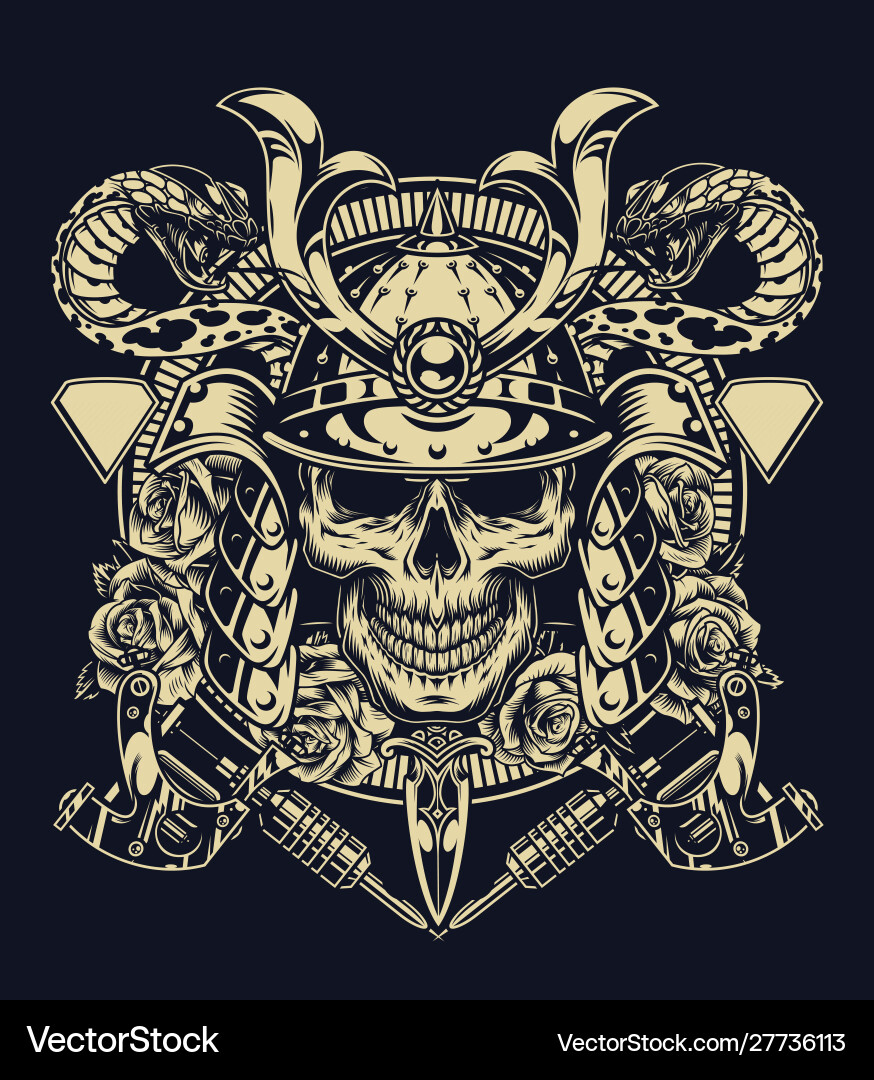 Samurai Skull with Snakes & Roses vector image