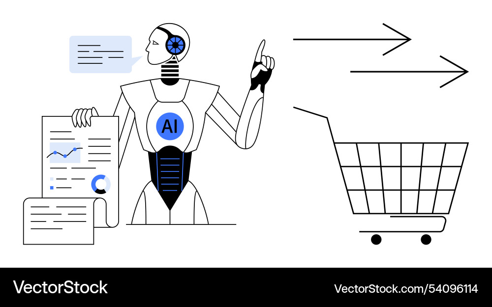 Ai in e-commerce robot with data and shopping cart Ai in e-commerce robot with data and shopping cart Vector Image