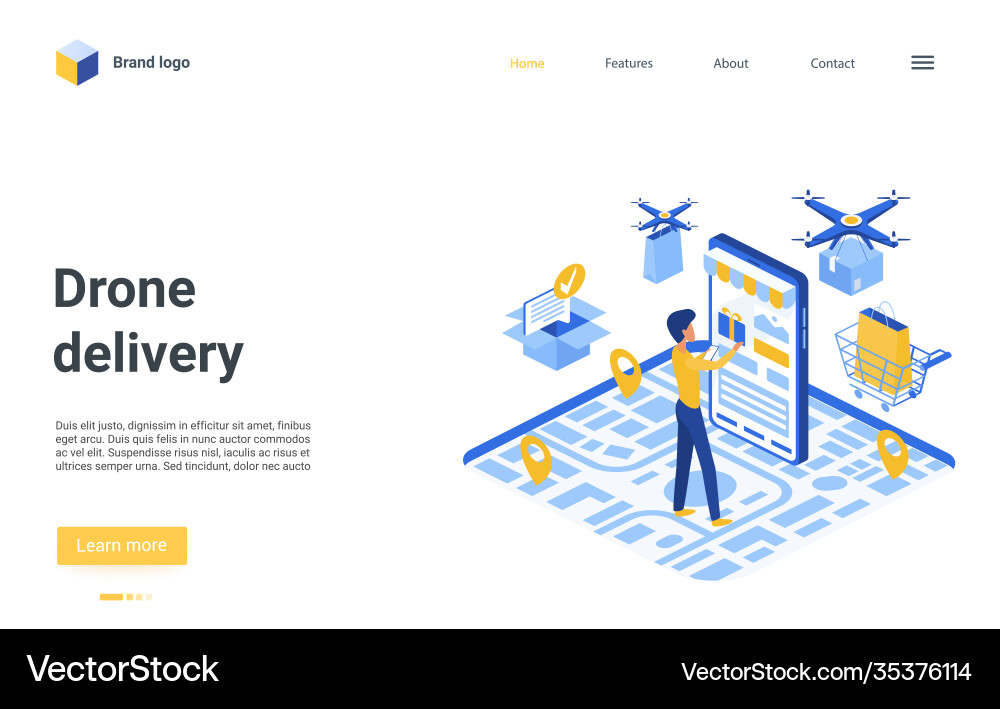 Drone delivery landing page man ordering using vector image