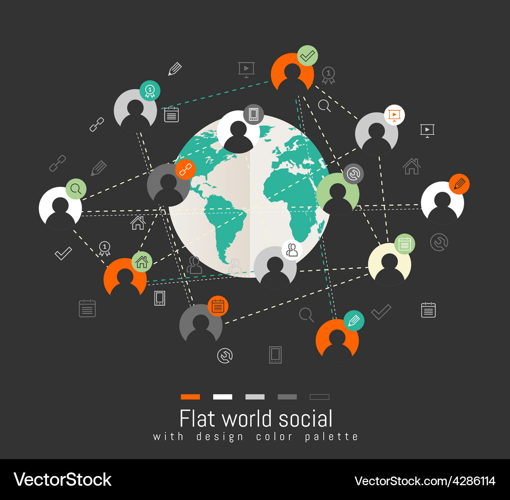 Flat design concept with world map and social Vector Image