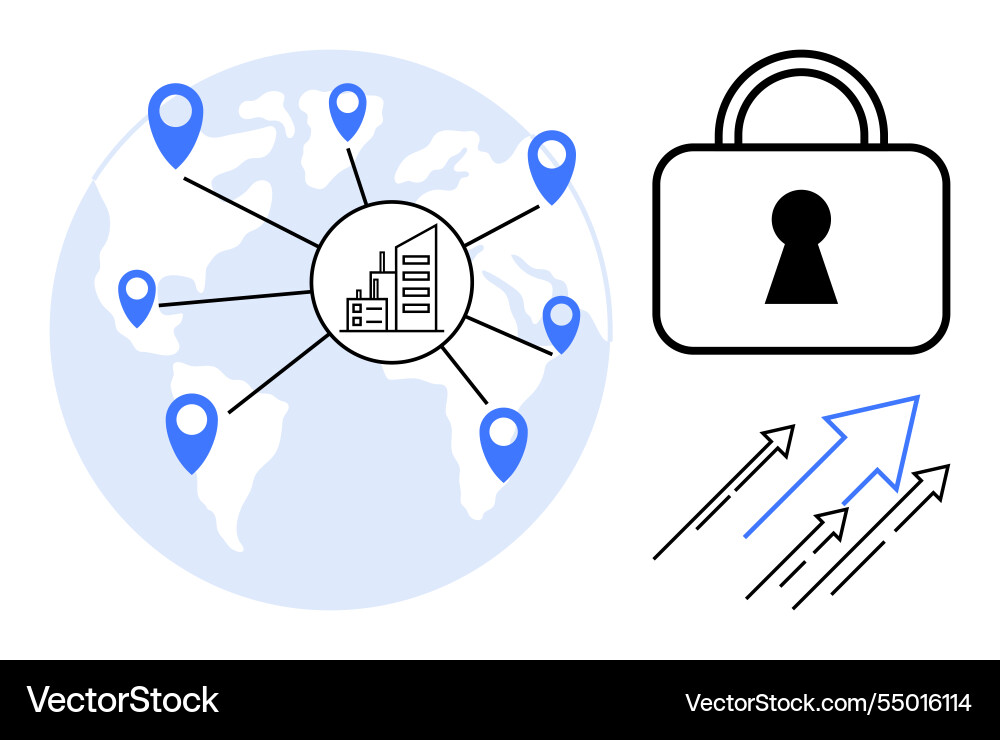 Global communication network with secure data Global communication network with secure data vector image
