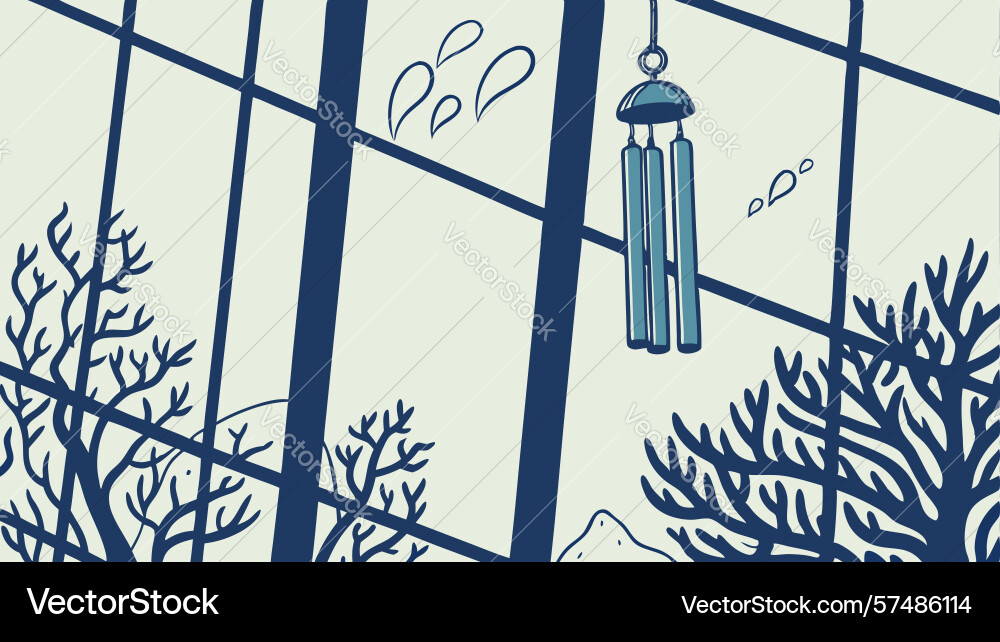 Wind chime beyond window with abstract forest vector image