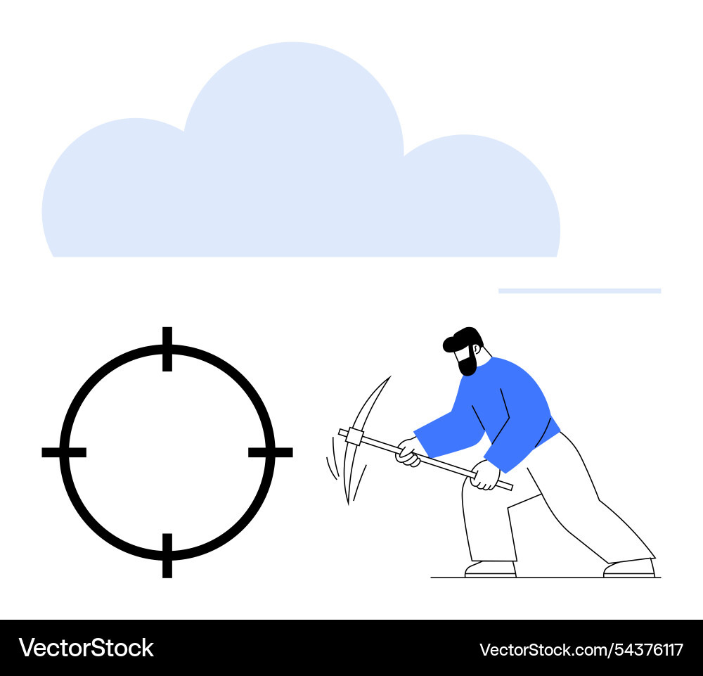 Man swinging pickaxe next to target under cloud vector image
