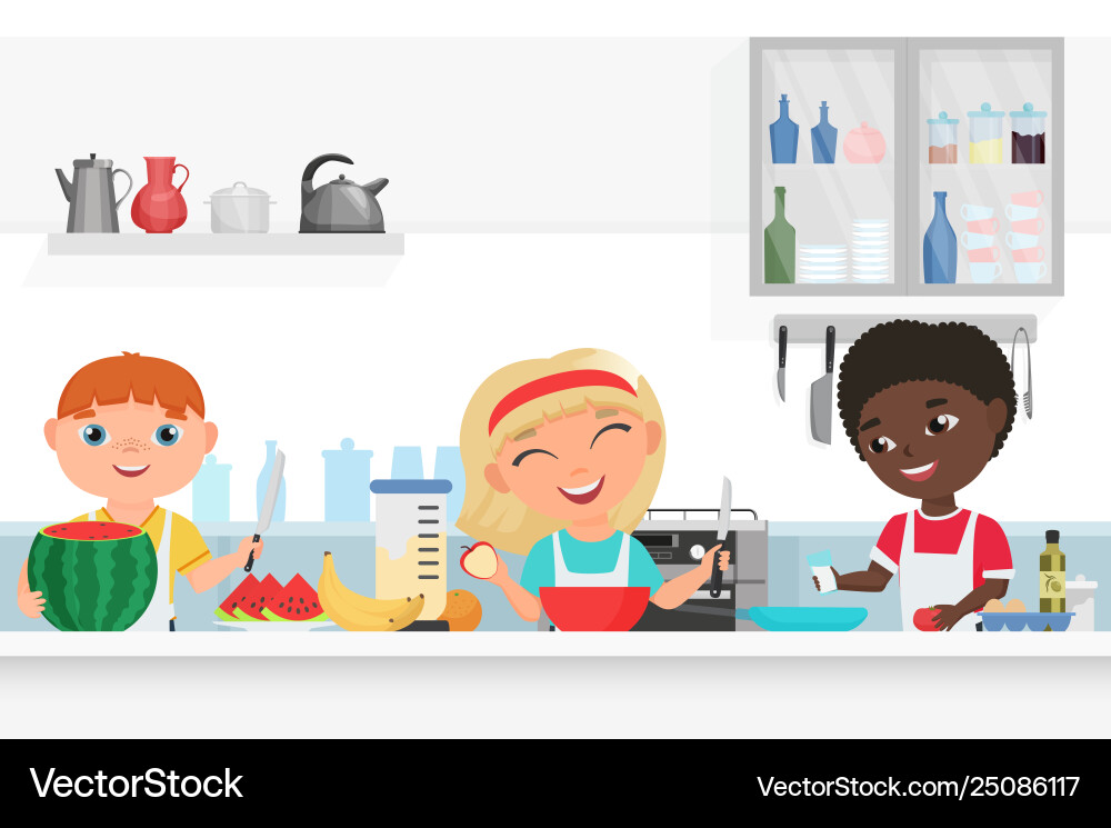 Süßer Junge und Mädchen Kinder Koch Koch Koch Koch in Küche Süßer Junge und Mädchen Kinder Koch Koch Koch Koch in Küche vektorbild