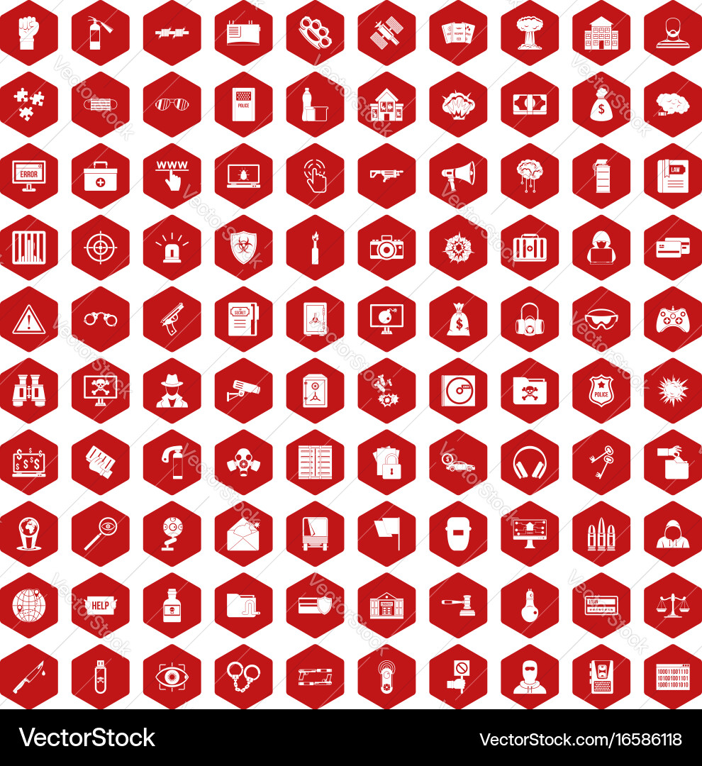 100 hacking icons hexagon red vector image