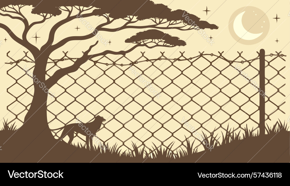 Chain link fence tree with distant moon rustic Vector Image
