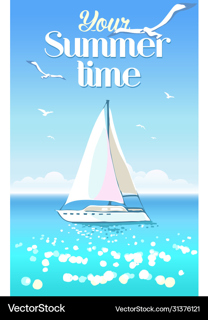 Schöne Meereslandschaft mit Yacht und Möwen Schöne Meereslandschaft mit Yacht und Möwen vektorbild