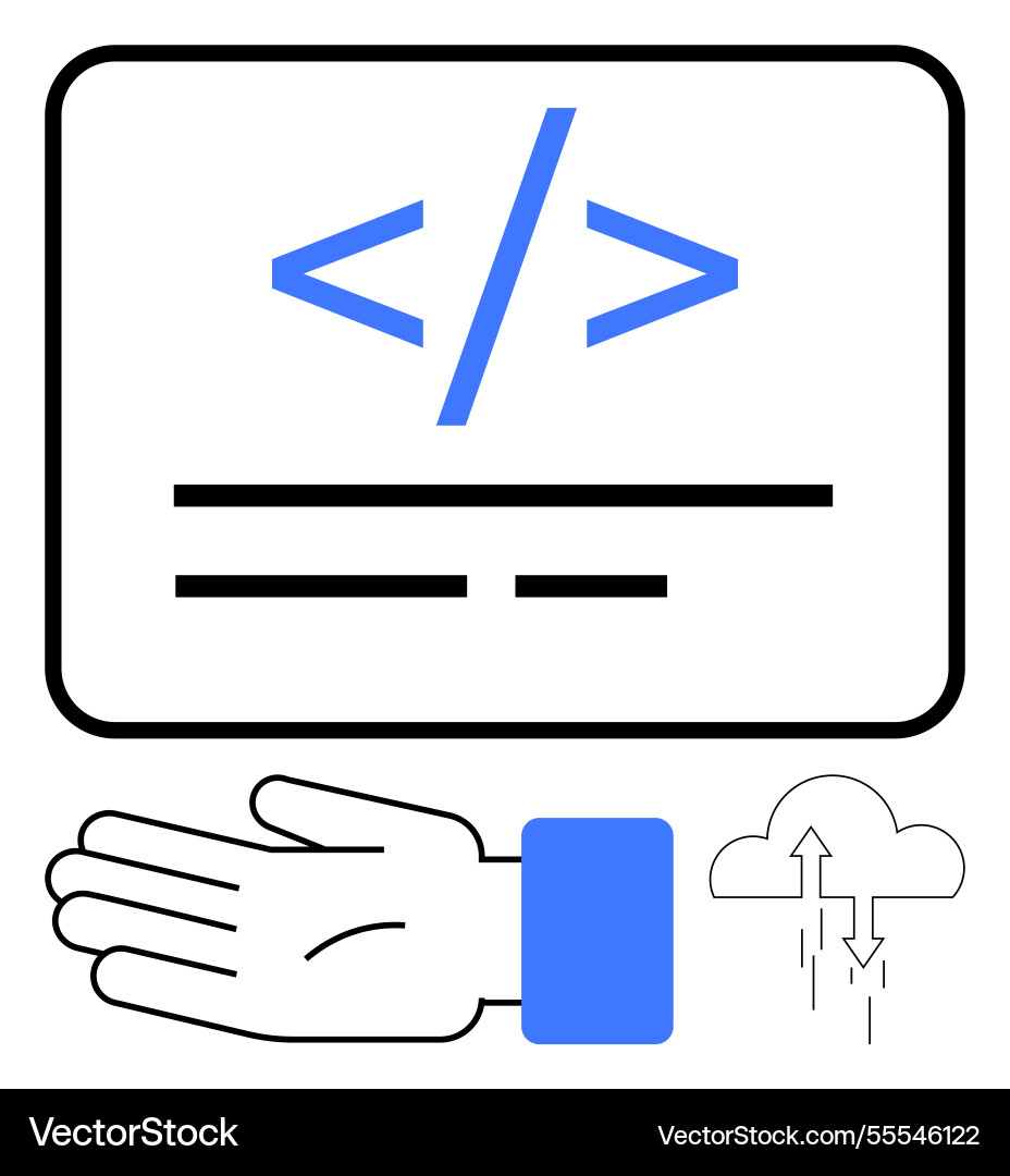 Hand under code symbol with cloud and arrow Vector Image