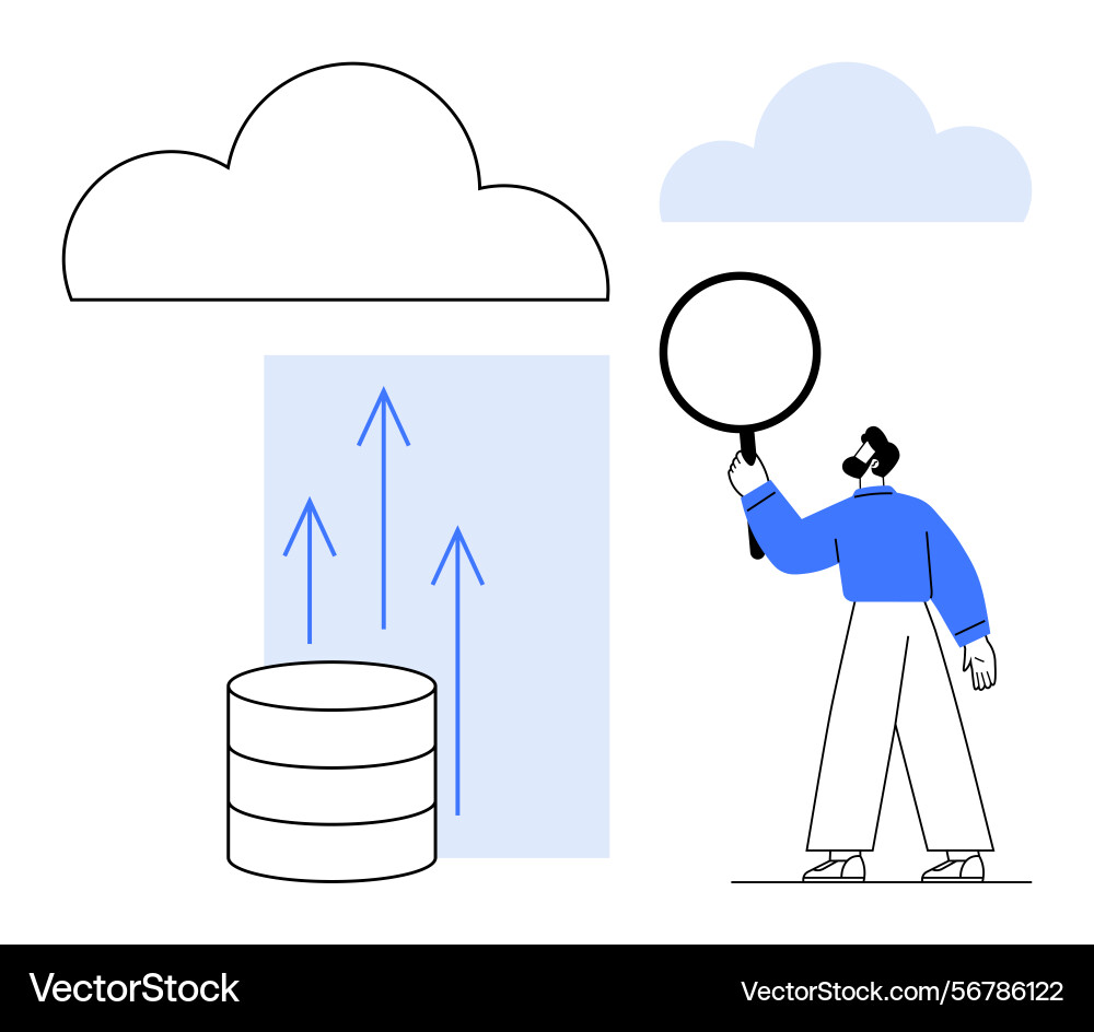 Man with magnifying glass analyzing cloud data Man with magnifying glass analyzing cloud data vector image