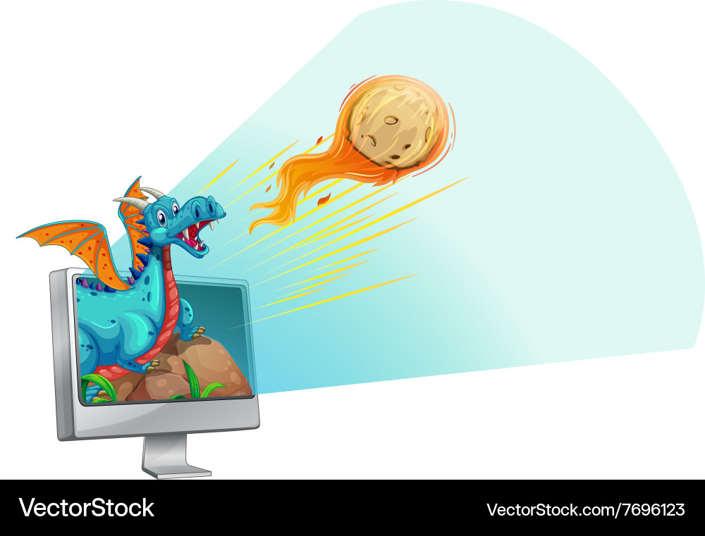 Computer screen with dragon and comet Vector Image