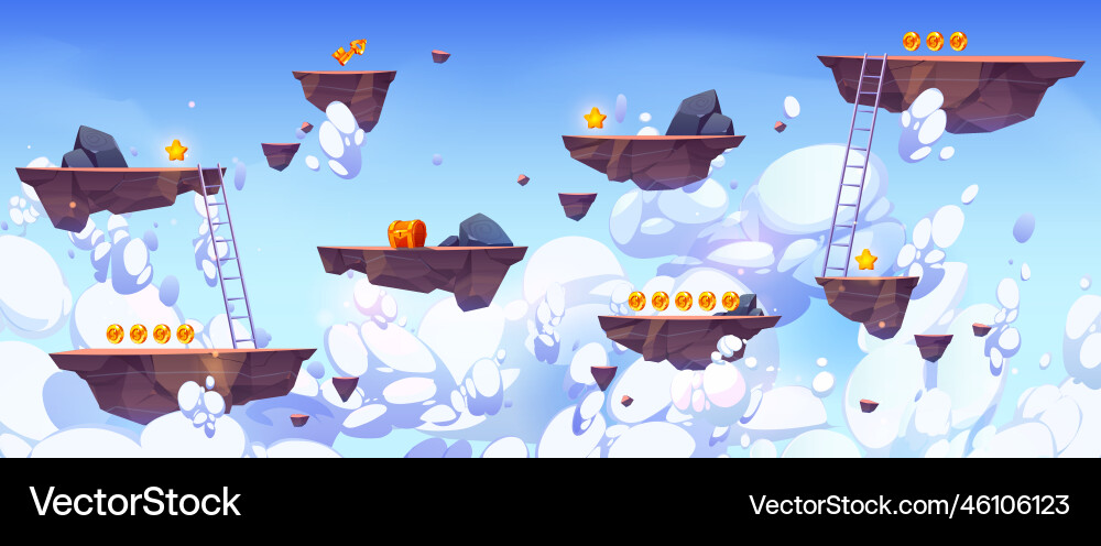 Flying rock islands in sky game background Vector Image