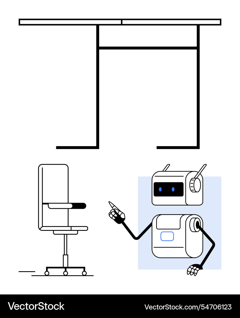 Office setup with desk chair and friendly robot Office setup with desk chair and friendly robot vector image