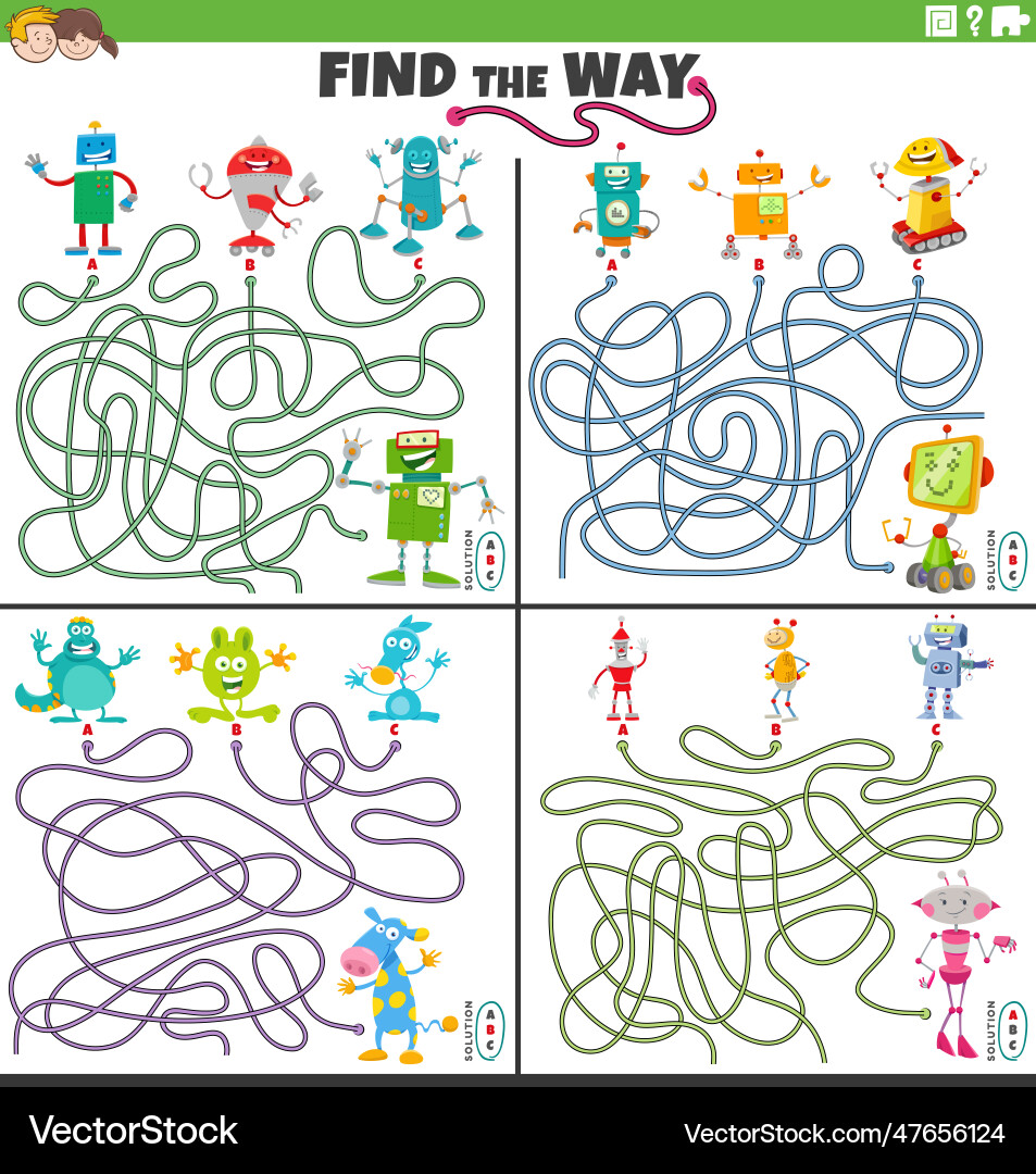 Find the way maze games set with cartoon robot vector image