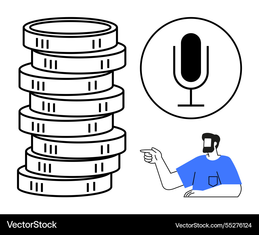Stack of coins microphone and person gesturing Stack of coins microphone and person gesturing Vector Image