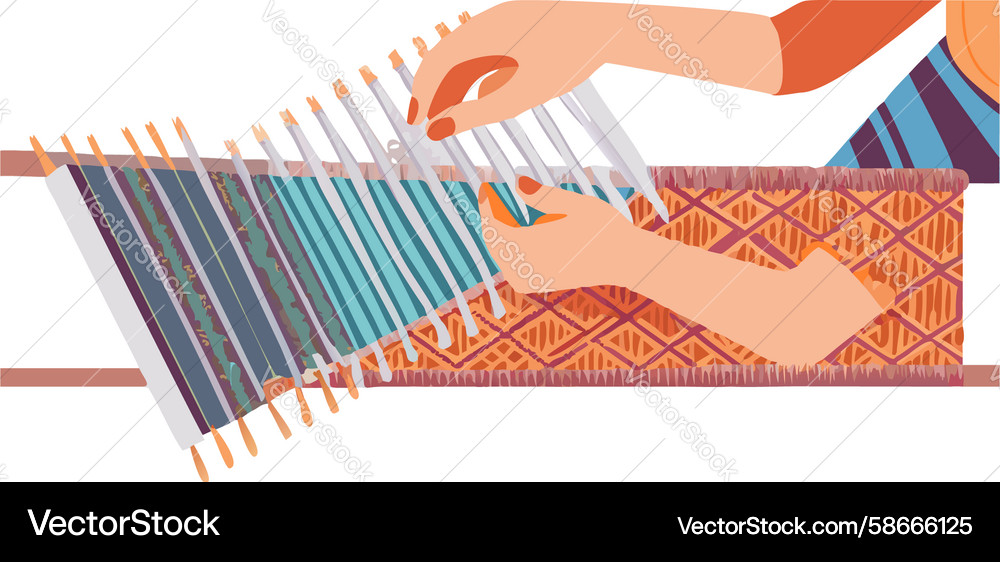 Hands weaving colorful threads intricate textile Vector Image