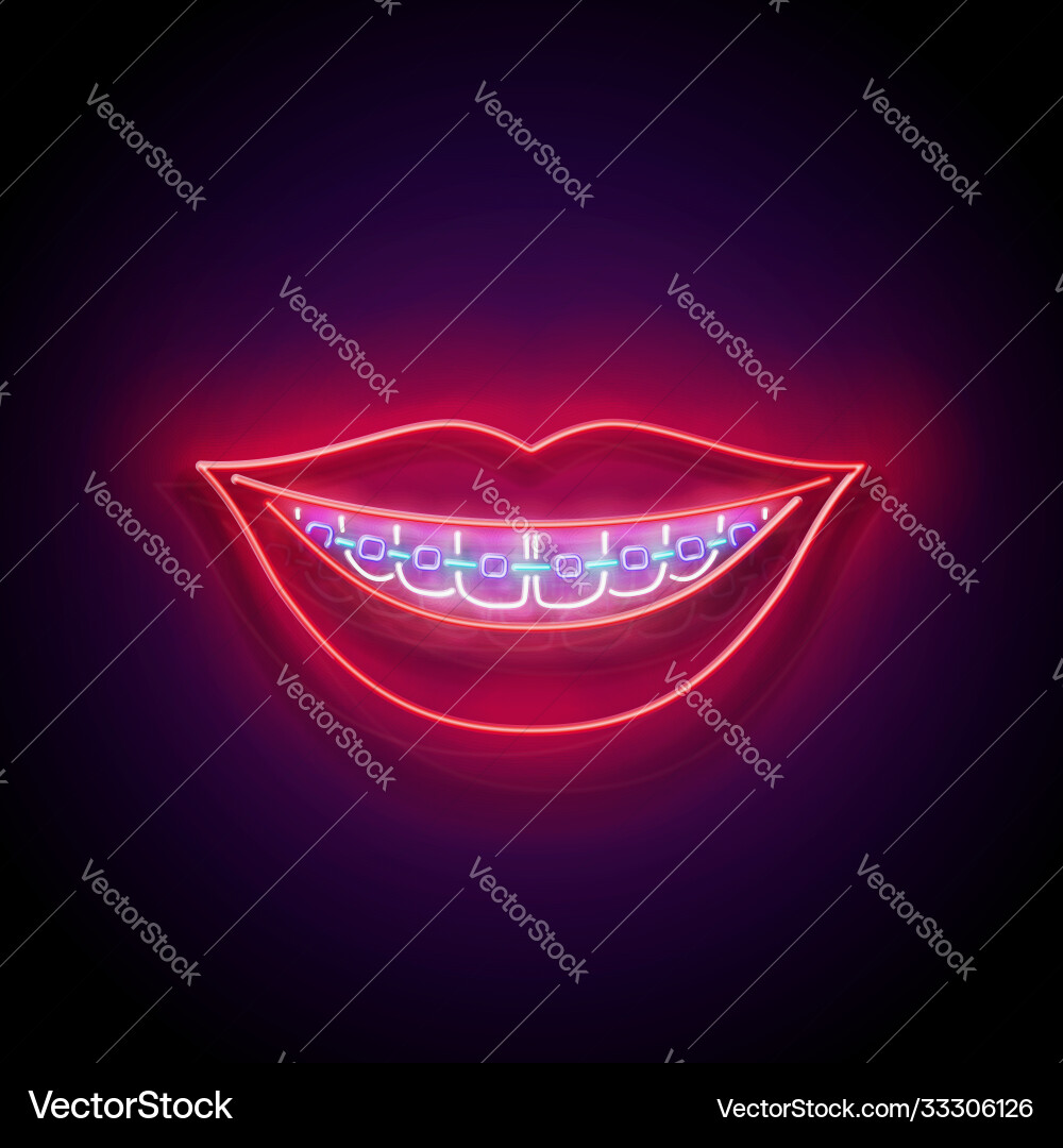 Glow beautiful smile with braces and red lips vector image